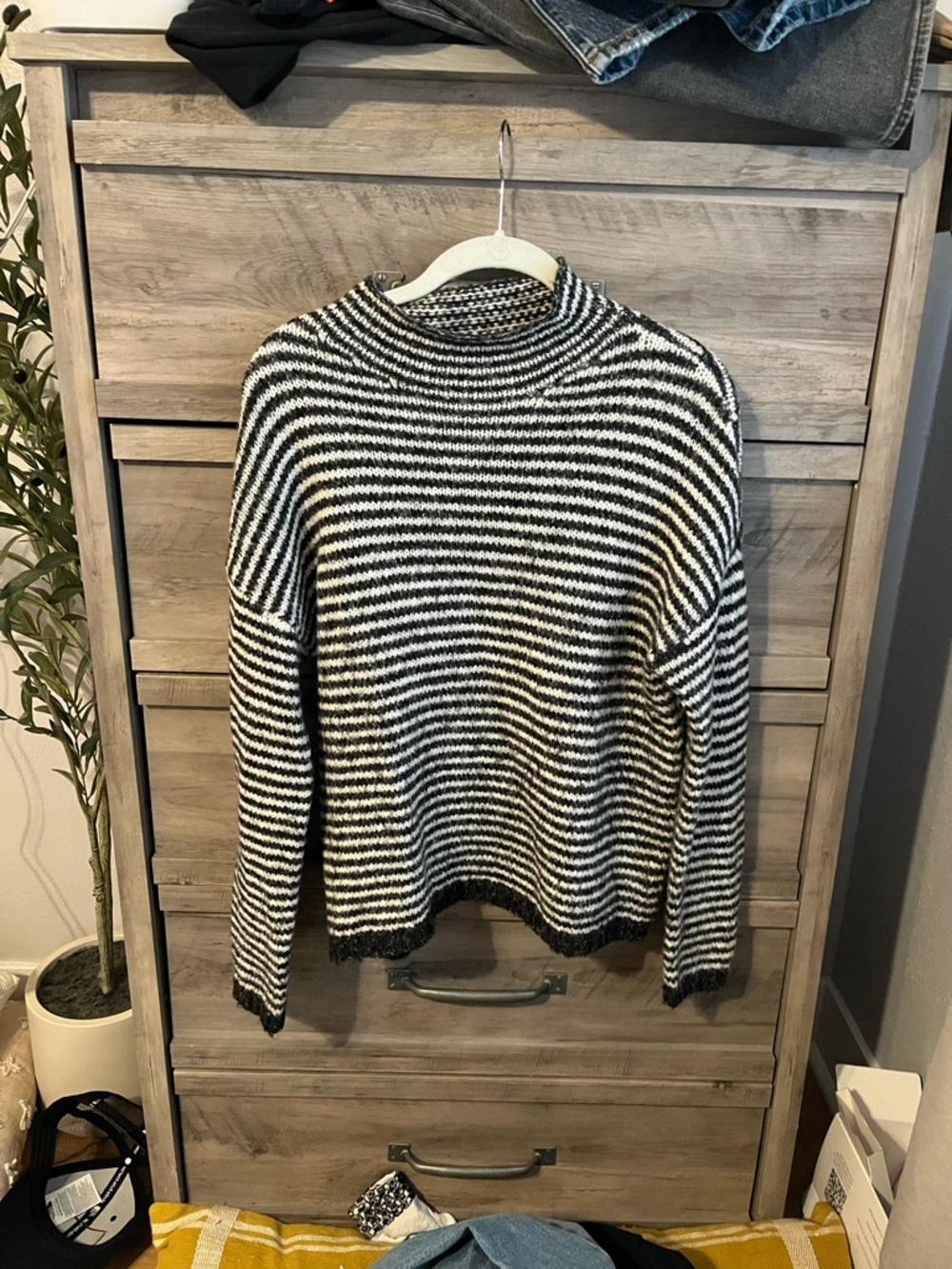 Striped Black and White Mock Neck Sweater